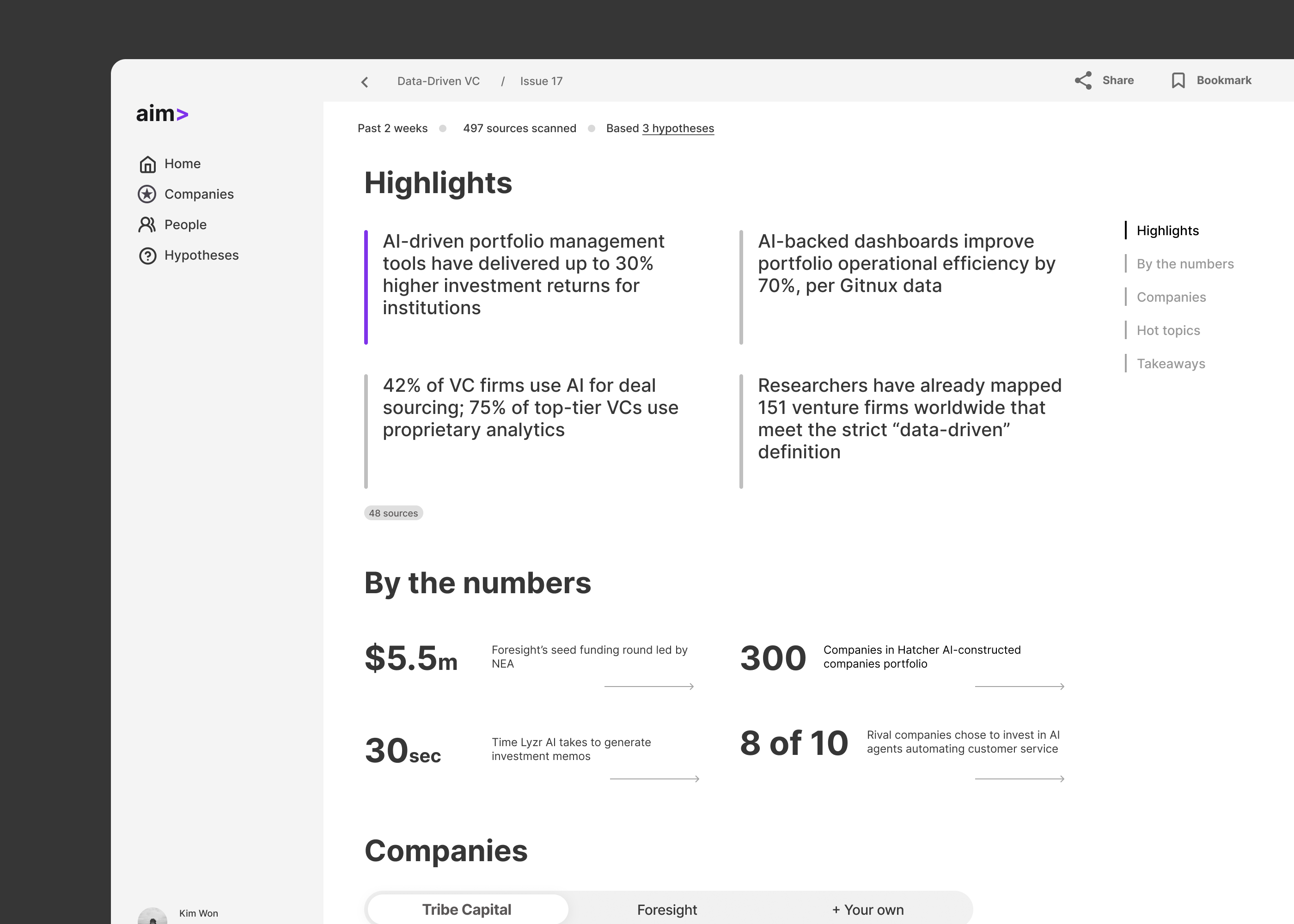 Aim Intelligence Platform showing Data-Driven VC insights